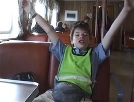 Kieron, on board the ferry from Dragsvik to Vangsnes, is very pleased to hear that Michael has 35 minutes of videotape remaining - he hopes Michael will video the entire crossing